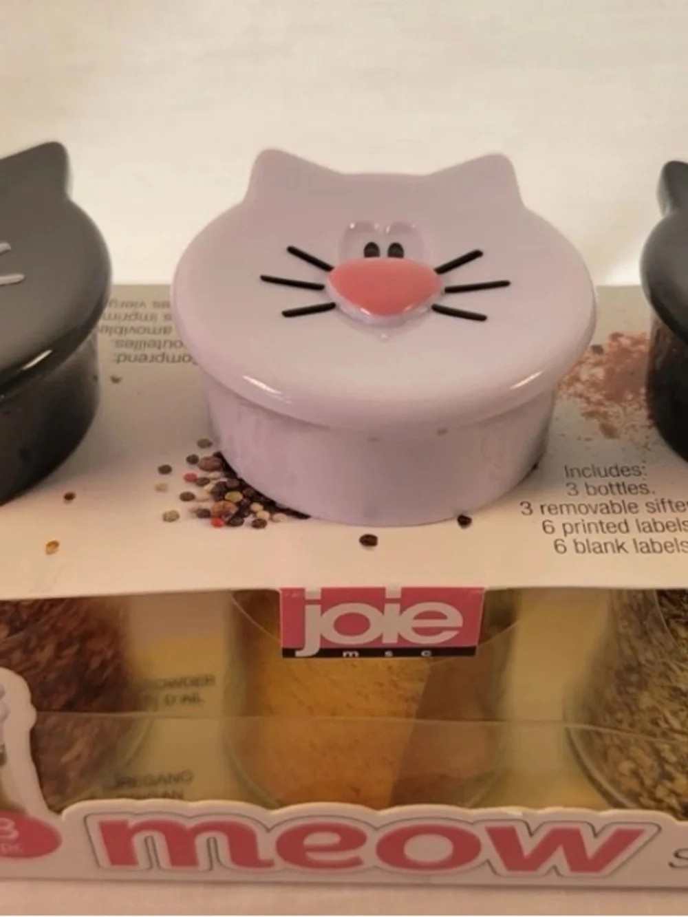 Joie Meow Cat Spice Jars - Black & White Lids with Pink Accents (3-Pack)